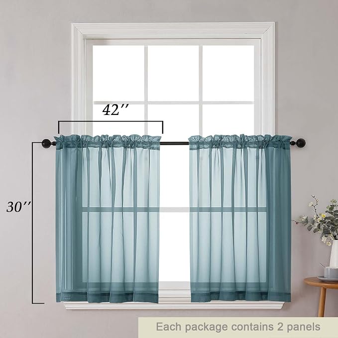 Dusty Blue Kitchen Curtains 30 Inch Length Tier 2 PCS, Solid Soft Half Curtains - Image 2