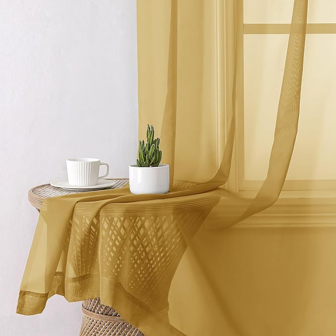 Lecloud Gold Sheer Curtains 96 Inches Long 2 Panels, Breathable Solid Voile - Image 4