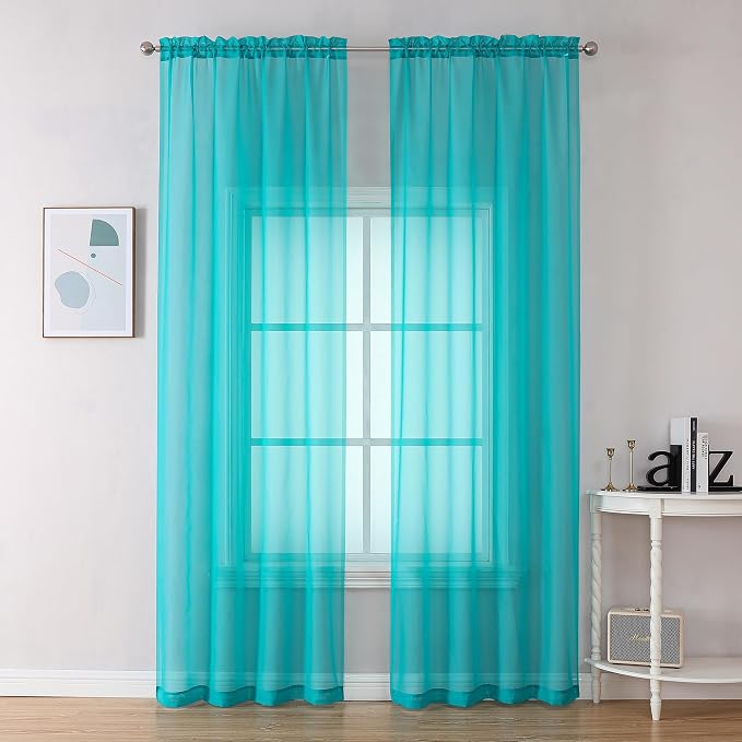 OVZME Turquoise Sheer Curtains 90 Inches Long 2 Panels by OVZME