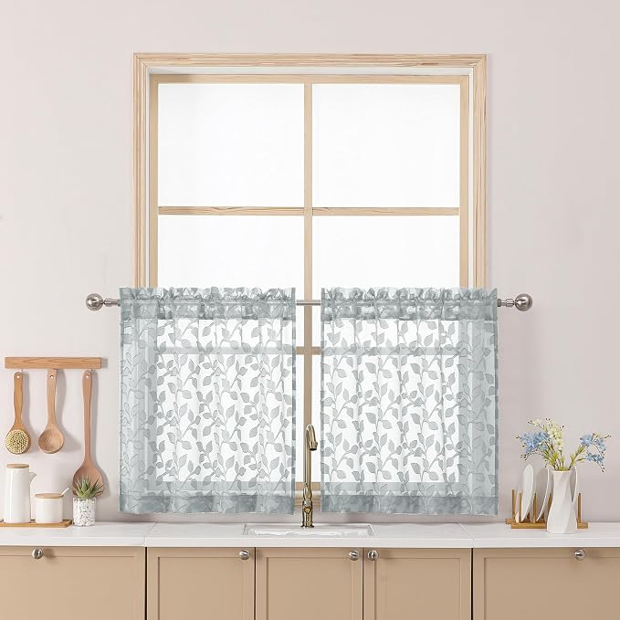 Chyhomenyc Light Grey Sheer Curtains 24 Inch Length, Light Filtering Leaf by Chyhomenyc