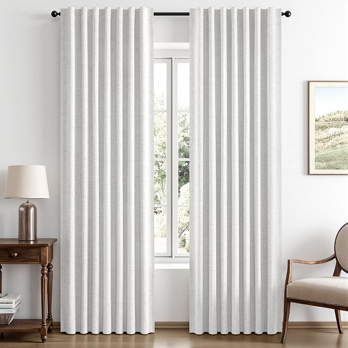 MIULEE 100% Blackout Linen Curtains 42 x 90 Inch Heathered White 2 Panels | by MIULEE