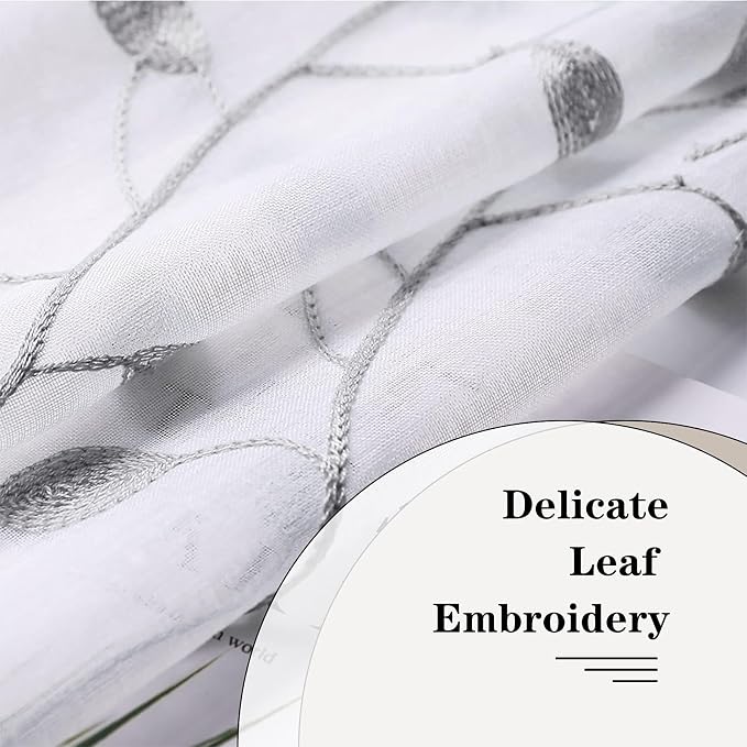 MRTREES Sheer Voile Curtain Valances 2 Panels, Leaves Embroidered Valance - Image 4