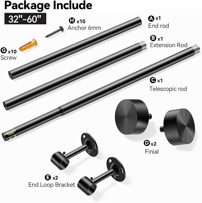 YaFex Heavy Duty Curtain Rods 32-60 Inch, 1 Inch Adjustable Black Curtain Rod - Image 7