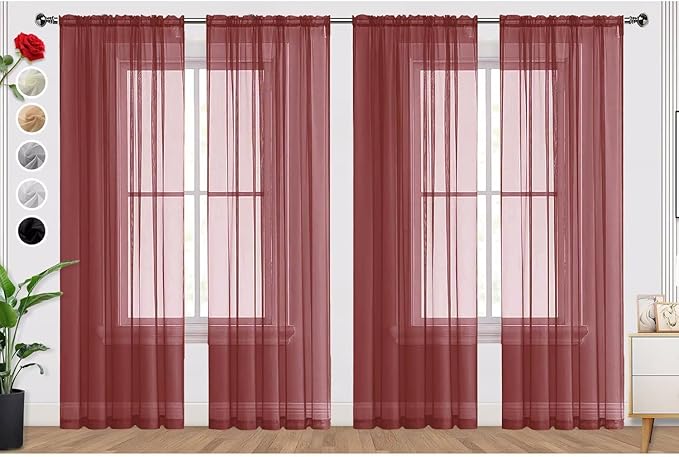 SpaceDresser Burgundy Sheer Curtains 4 Panels Rod Pocket Semi-Sheer Curtain 45 by SpaceDresser