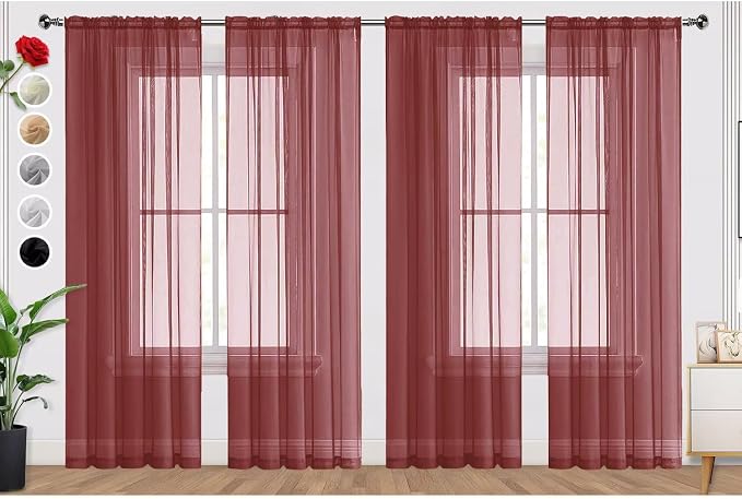 SpaceDresser Burgundy Sheer Curtains 4 Panels Rod Pocket Semi-Sheer Curtain 108 by SpaceDresser