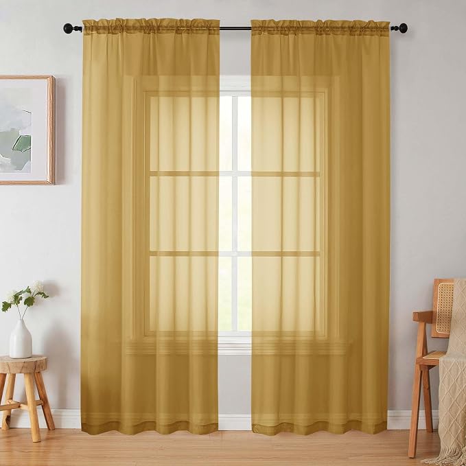 Gold Sheer Curtains 84 Inches Long 2 Panels, Soft Airy Light Filtering Curtains by WelvetBLK