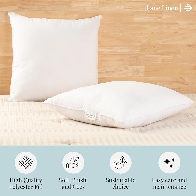 LANE LINEN 26x26 White Throw Pillow Inserts – Pack of 2 White, Fluffy - Image 4
