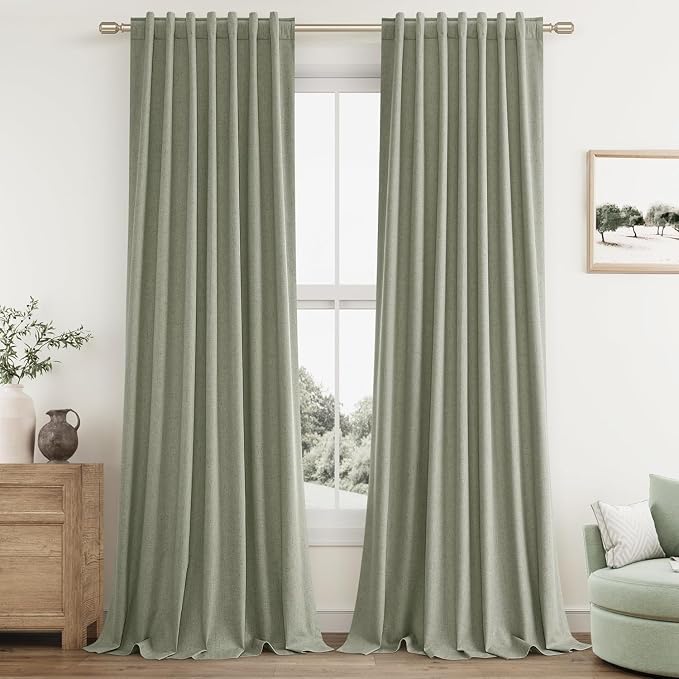 Sage Green 100% Blackout Linen Curtains 84 Inch Length 2 Panels Set by Guken