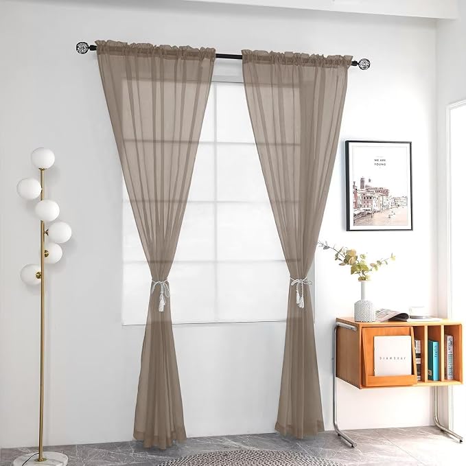 youleyar Solid Sheer Rod Pocket Curtain Voile Draperies 2 Panels White Beige - Image 2