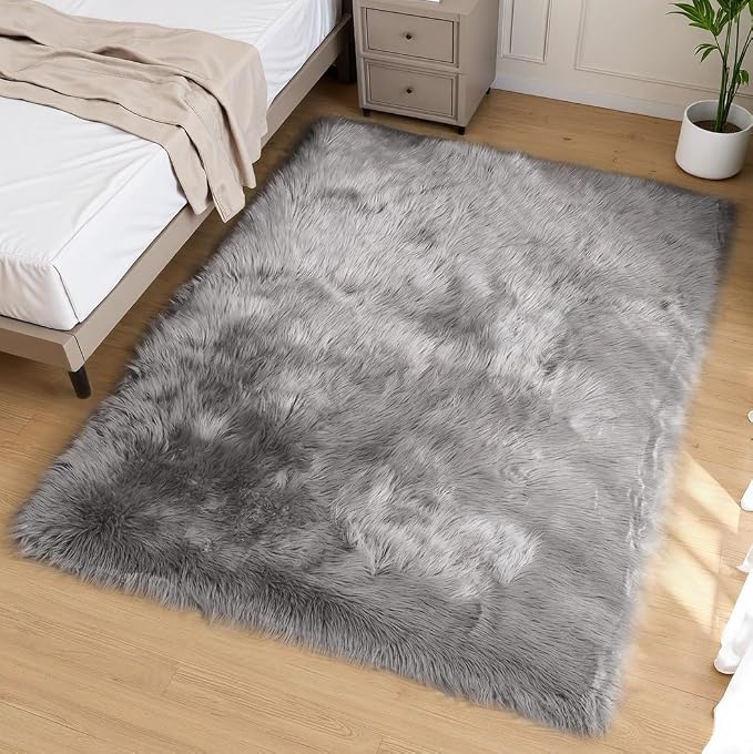 Goolela Grey Sheepskin Area Rug 5x7 Fluffy Fuzzy Furry Carpet by Goolela