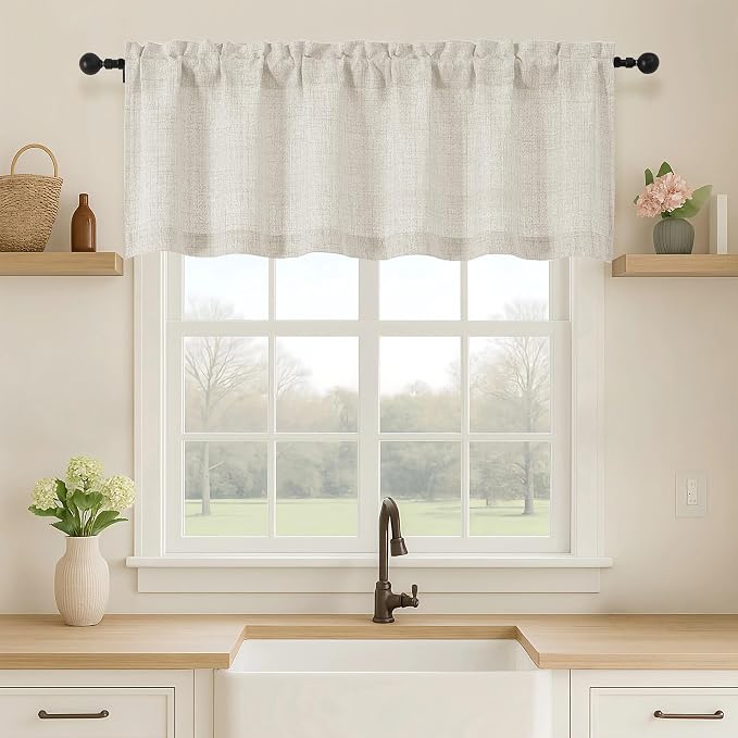 OVZME Natural Valance for Windows, Light Filtering Faux Linen Textured Small by OVZME