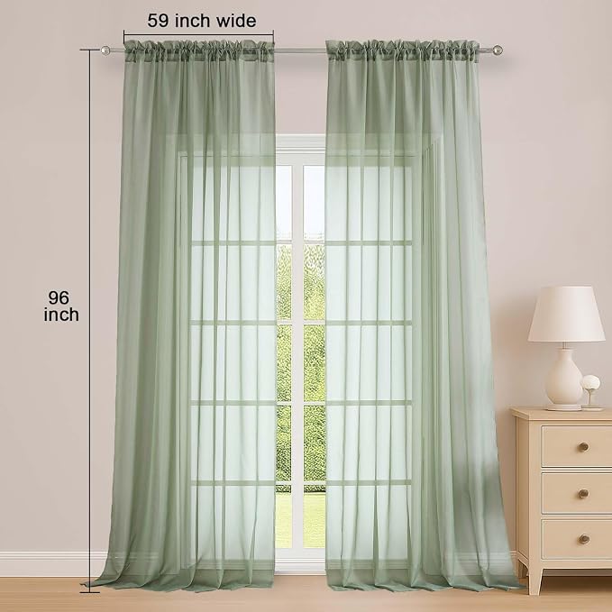 OWENIE Sage Green Sheer Curtains, Sheer Curtains 96 inches Long 2 Panels Set - Image 5