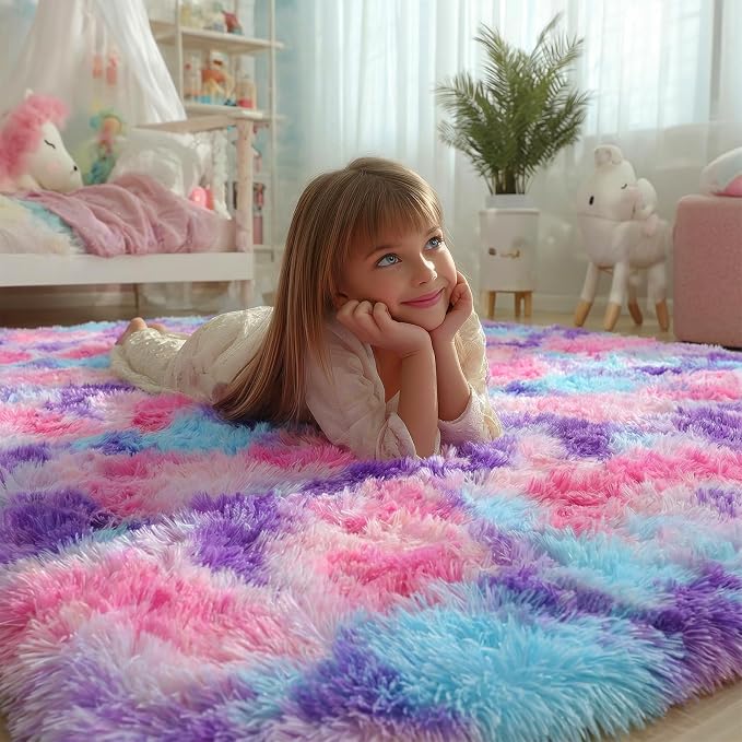 Rainbow Area Rugs for Girls Bedoom 4x6 Ft, Fluffy Cute Colorful Pastel Rug | - Image 2