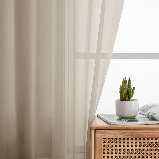 OWENIE Taupe Sheer Curtains 54 Inch Length 2 Panels Set, Rod Pocket Fimly Voile - Image 2