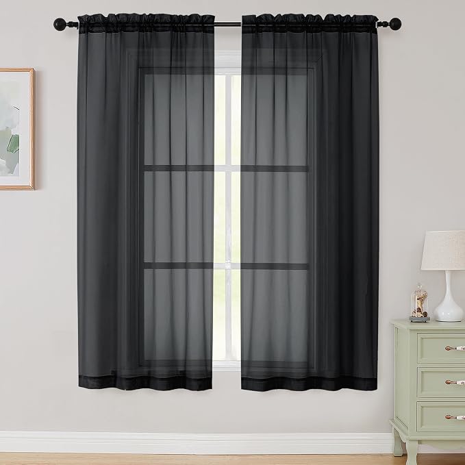 Sheer Black Curtains for Bedroom Living Room 63 Inch Length 2 Panels, Airy Soft by WelvetBLK