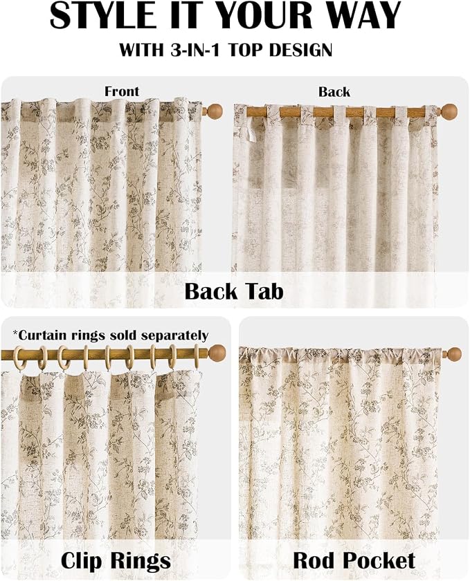 Lazzzy Farmhouse Linen Curtains Extra Long Gray Floral Curtains 108 Inch Long - Image 5