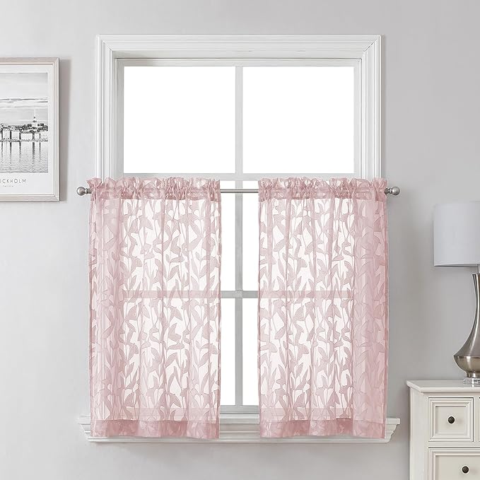 Lecloud Leia Blush Pink Sheer Kitchen Curtains 30 Inch Length 2 Pcs, Leaf by Lecloud