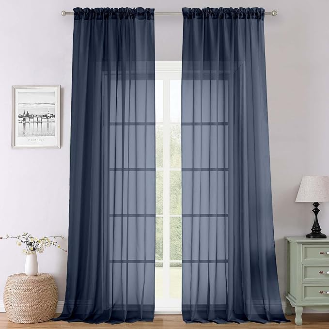 Lecloud Navy Blue Sheer Curtains 108 Inches Long 2 Pcs, Rustic Farmhouse Dual by Lecloud