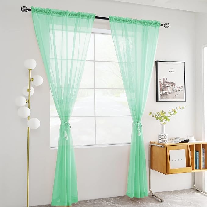 youleyar Solid Sheer Rod Pocket Curtain Voile Draperies 2 Panels White Beige - Image 2