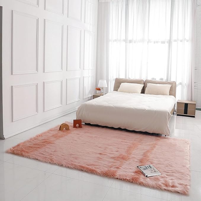 linmopm Faux Fur Rug Sheepskin Shag Fluffy Fuzzy 6x9 ft Pink Rugs - Image 2