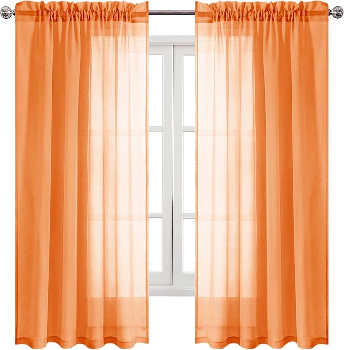 DWCN Sheer Orange Curtains 63 inch Length 2 Panels Set, Rod Pocket Solid Color - Image 9