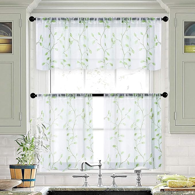 MRTREES Sheer Curtain Valance Rod Pocket, 2 Panels Leaves Embroidered Christmas - Image 6
