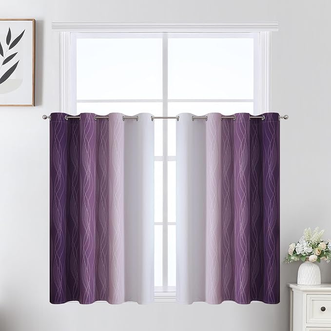 Estelar Textiler Purple and Greyish White Ombre Short Blackout Kitchen Curtains by ESTELARTEXTILER