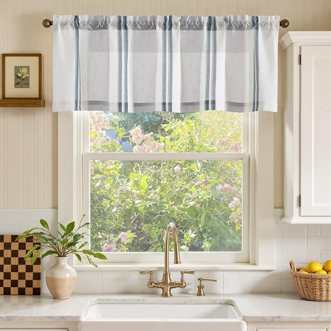 jinchan Striped Valance Farmhouse Window Treatment Linen Textured Drapes - Image 2