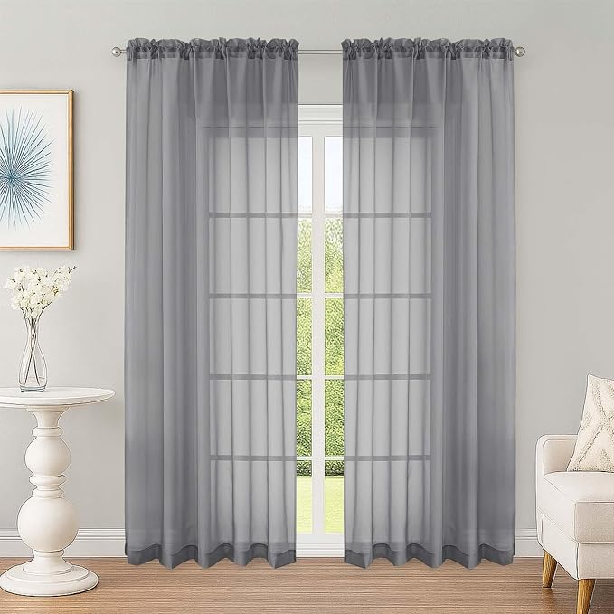 OWENIE Sheer Curtains 84 Inches Long 2 Panels Set, Sheer Grey Curtains by OWENIE