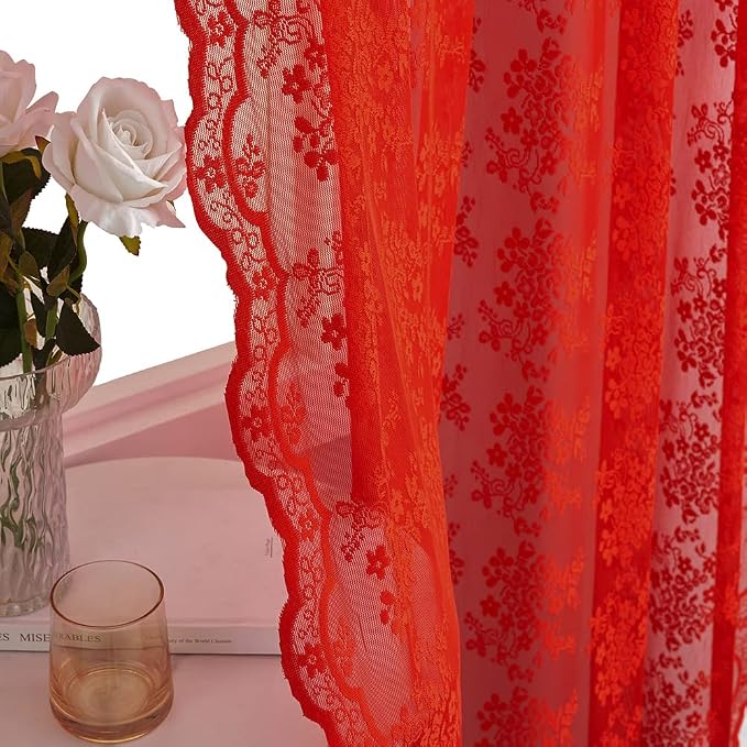 YJ YANJUN Vintage Lace Curtains 63 Inch Length 2 Panels Set Christmas Red Sheer - Image 4