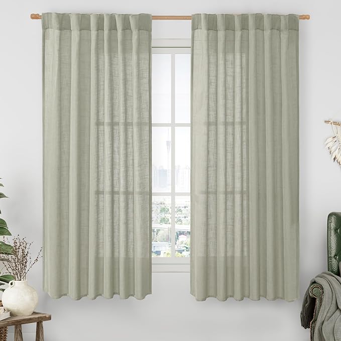 LAMIT Sage Grey Sheer Linen Curtains 63 Inch by LAMIT