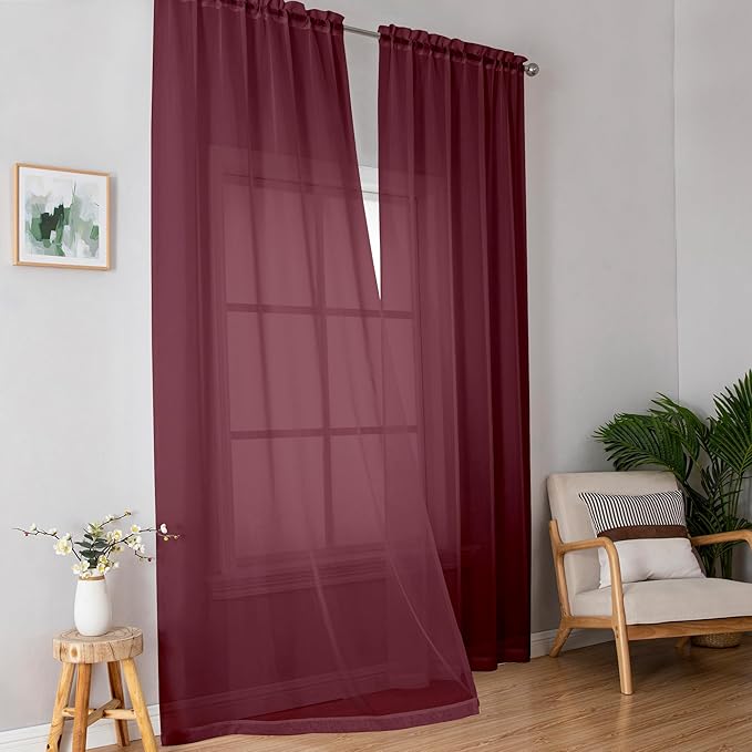 Simplebrand Red Sheer Curtains 96 Inches Long, Light Filtering Rod Pocket Solid by Simplebrand