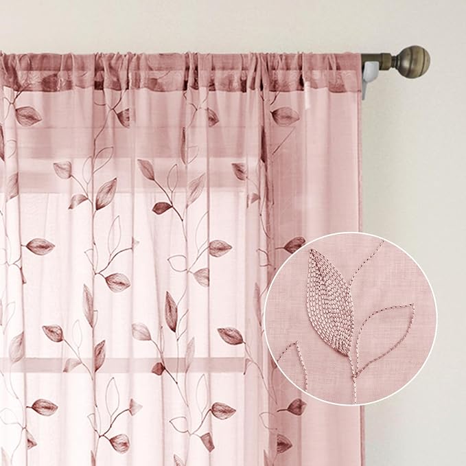 HOMEIDEAS Blush Pink Sheer Kitchen Curtains 52 x 54 Inch Length 2 Panels - Image 5