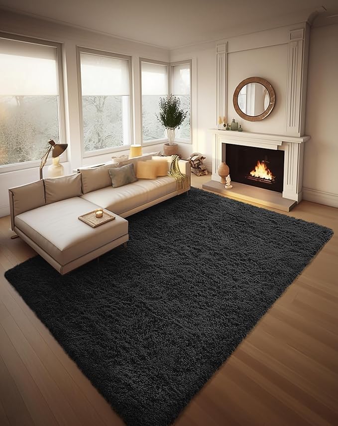 Ophanie 8x10 Black Area Rugs for Living Room, Large Shag Bedroom Carpet by Ophanie