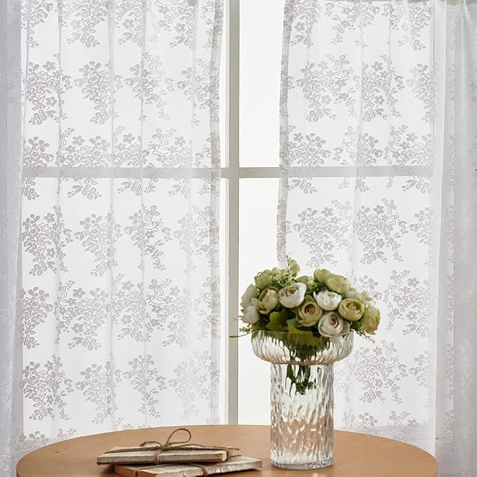 YJ YANJUN Vintage Lace Curtains 36 inch Length Country White Cafe Kitchen Sheer - Image 3