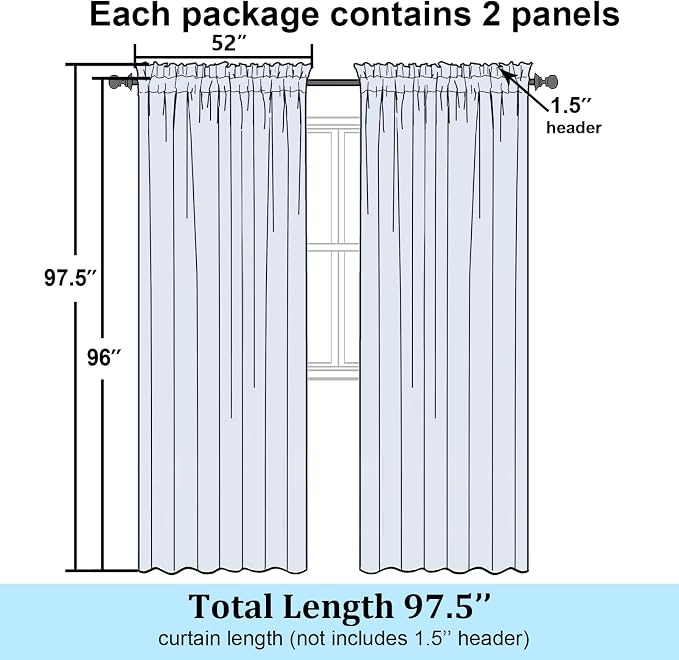 Simplebrand Semi Sheer White Curtains 96 Inches Long 2 Panels, Light Filtering - Image 2