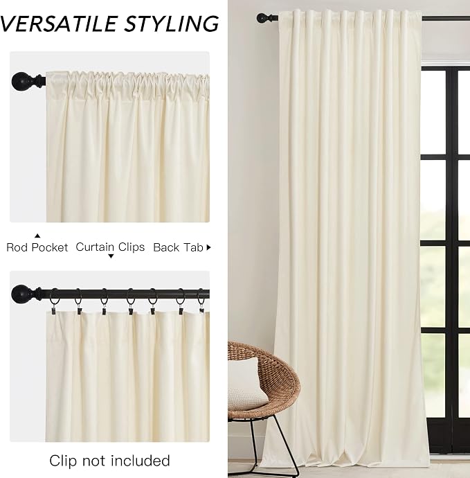 RYB HOME Cream Velvet Curtains 96 inch, Light Dimming White Window Curtains - Image 3