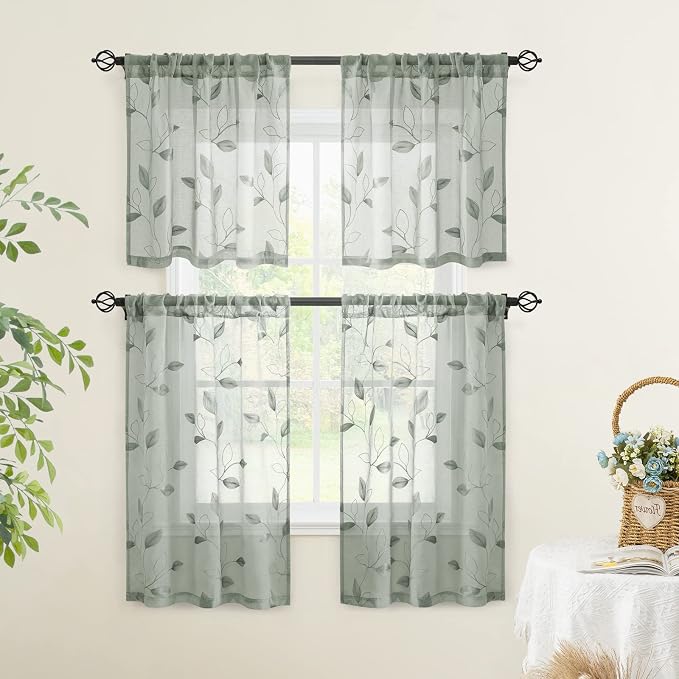 HOMEIDEAS Sage Green Sheer Kitchen Curtains 30 X 24 Inch Length 2 Panels - Image 5