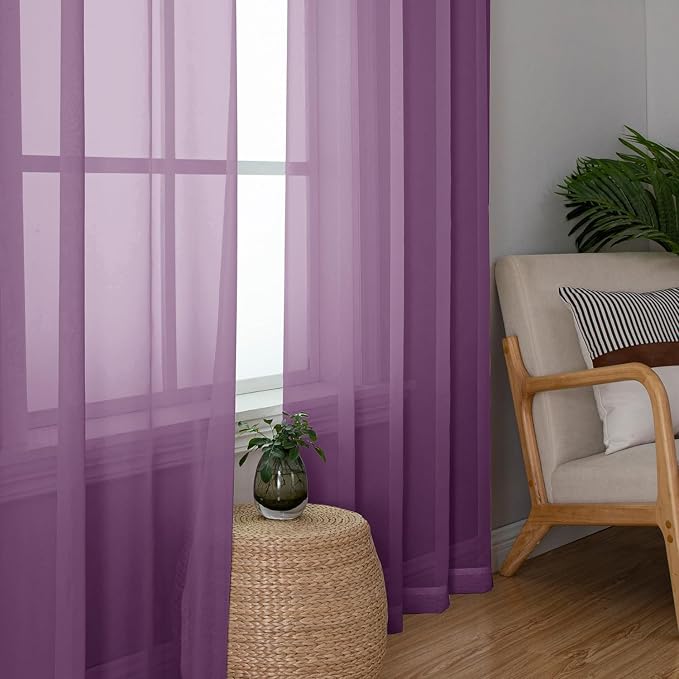 Aiyufeng Plum Purple Sheer Curtains 72 Inches Long 2 Panels Set, Solid Voile - Image 2