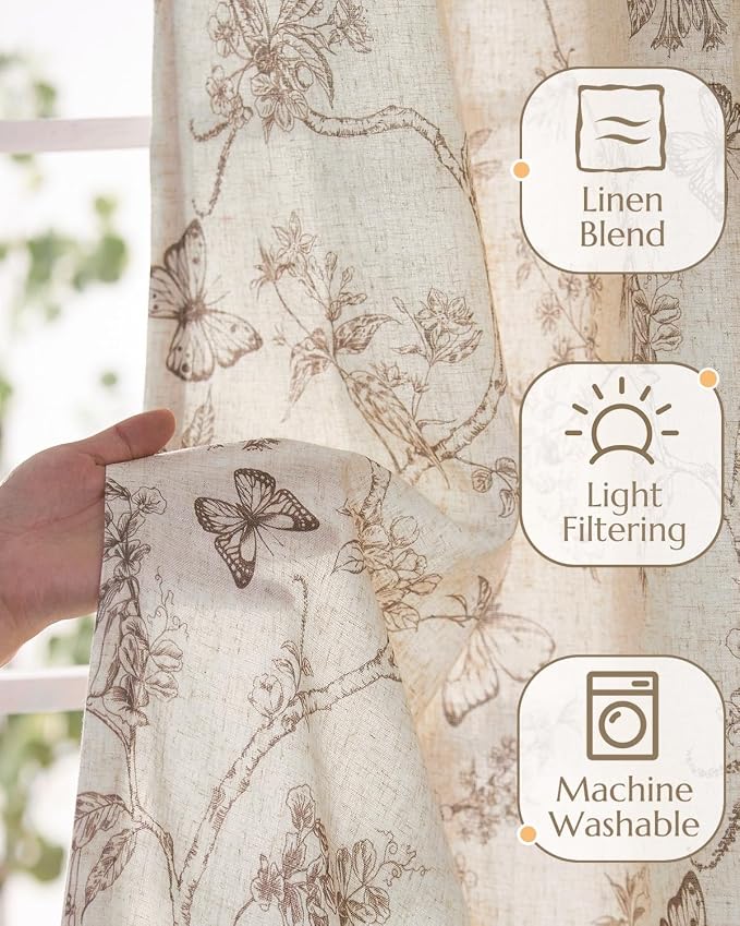 jinchan Floral Linen Curtains for Living Room 84 Inch Length Butterfly Curtain - Image 4