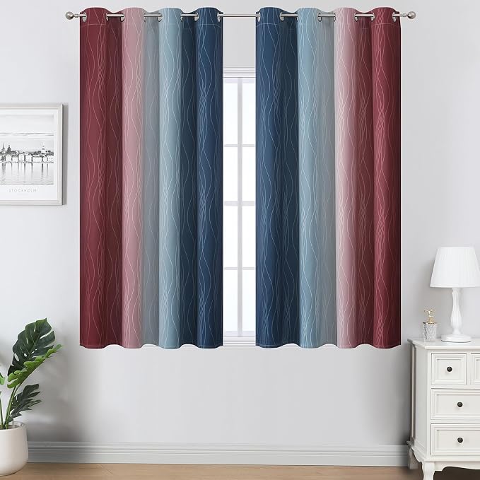 Estelar Textiler Navy Blue and Burgundy Red Ombre Blackout Curtains 54 Inch - Image 2