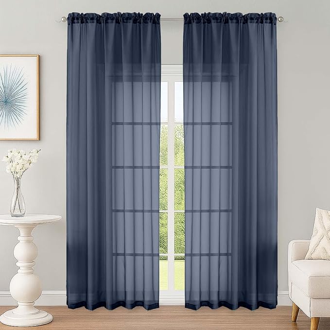 OWENIE Navy Blue Sheer Curtain 90 Inches Long 2 Panels Set, Solid Filmy Drapes by OWENIE