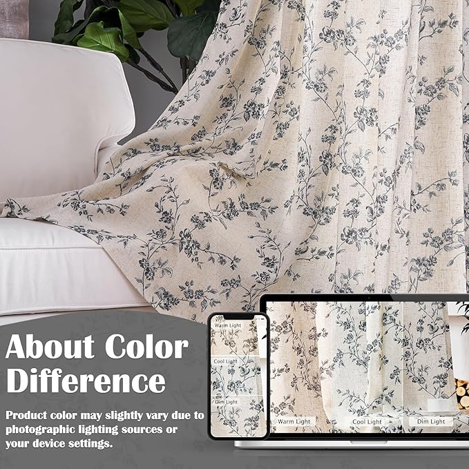 Lazzzy Farmhouse Linen Curtains Black Floral Curtains 84 Inch Length Back Tab - Image 7