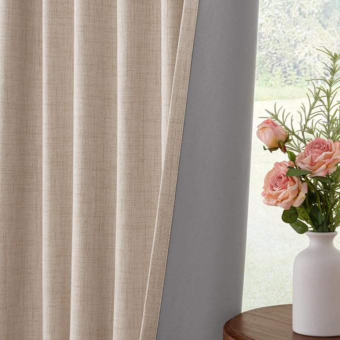 100% Blackout Curtains for Bedroom Oatmeal Linen Look Curtains 63 Inch Long | - Image 6