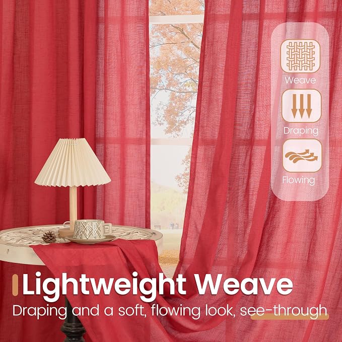 BGment Red Linen Kitchen Curtains Window Over Sink, Short Semi Sheer Drapes - Image 4