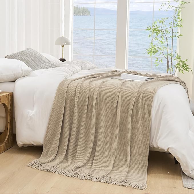 lifein Throw Blanket for Couch, Soft Boho Decor Bed Throw, Cozy Beige Knitted - Image 2