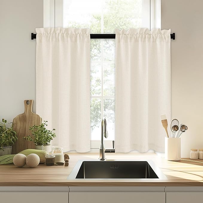 RYB HOME Bathroom Curtains Over Sink 36 inches Length, Linen Blend Semi Sheer - Image 7