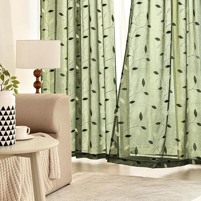 MIULEE Olive Green Sheer Curtains 2 Panels Embroidered Leaf Patterned Rod - Image 3