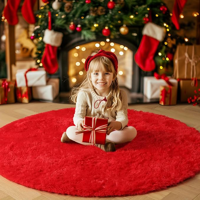Red Round Circle Rug 6Ft for Bedroom, Large Fluffy Shag Area Rugs for Kids Room - Image 8