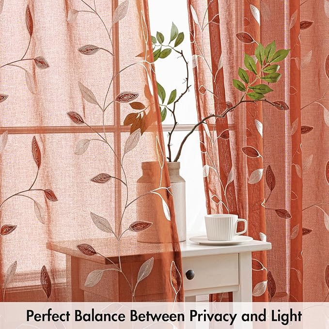 MIULEE Terracotta Sheer Curtains 2 Panels Embroidered Leaf Patterned burnt - Image 5